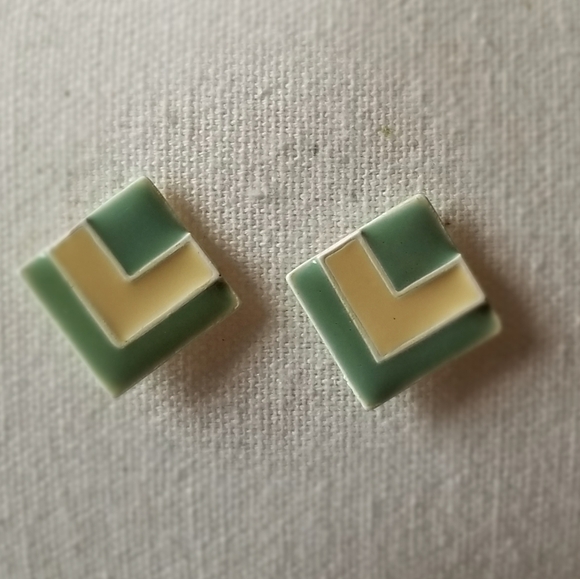 Teal and Yellow Square Earrings - Picture 2 of 7